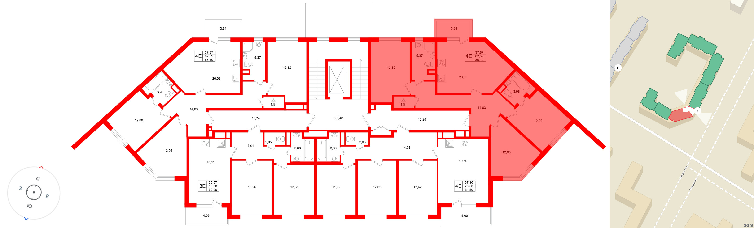 Квартира в ЖК «Югтаун», 3 комнатная, 86.1 м², 2 этаж