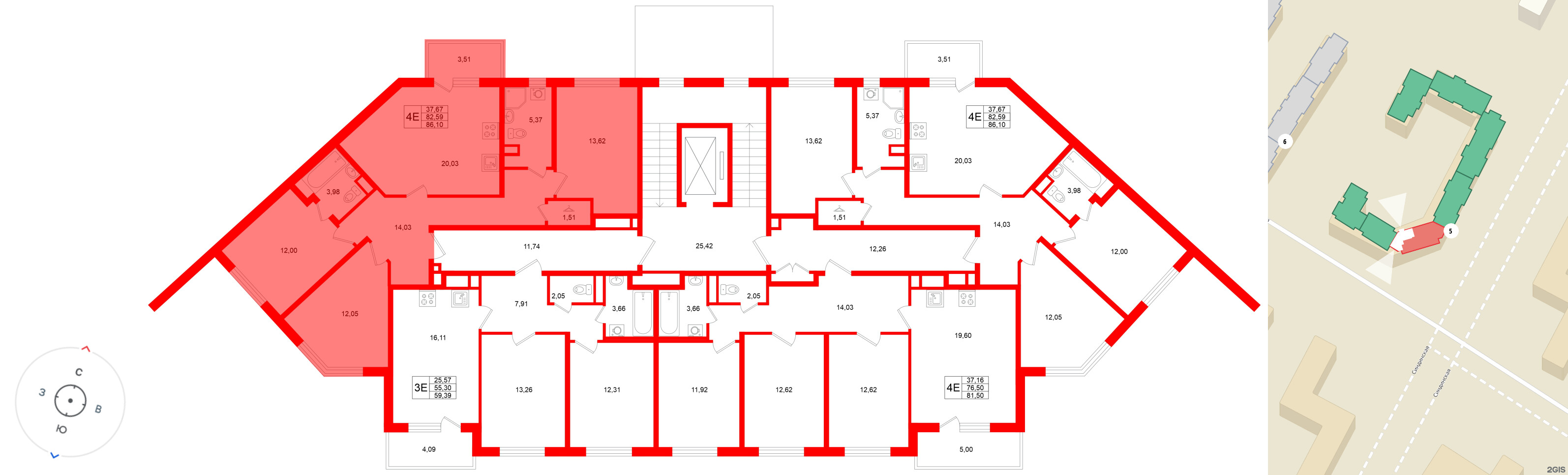 Квартира в ЖК «Югтаун», 3 комнатная, 86.1 м², 2 этаж