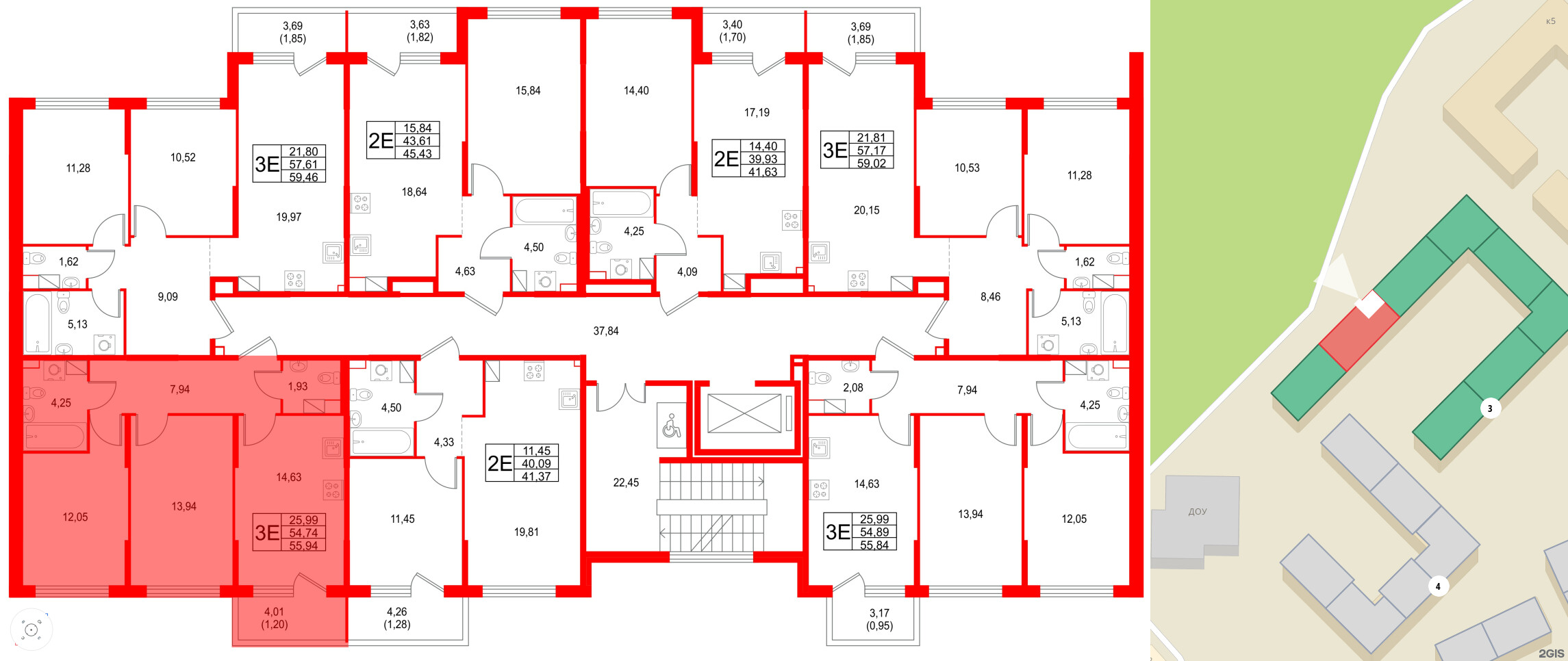 Квартира в ЖК Охтинские высоты, 2 комнатная, 55.94 м², 4 этаж