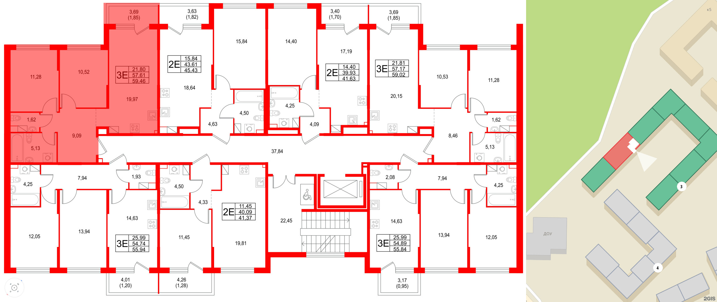 Квартира в ЖК Охтинские высоты, 2 комнатная, 59.46 м², 4 этаж