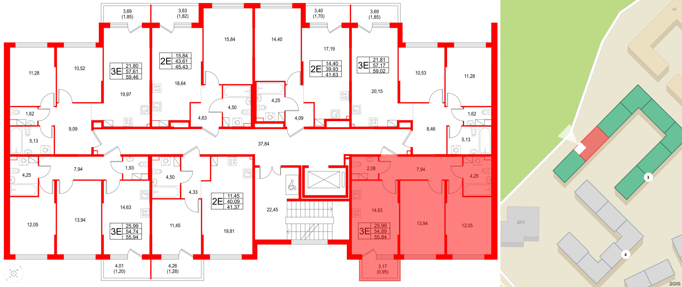 Квартира в ЖК Охтинские высоты, 2 комнатная, 55.84 м², 3 этаж
