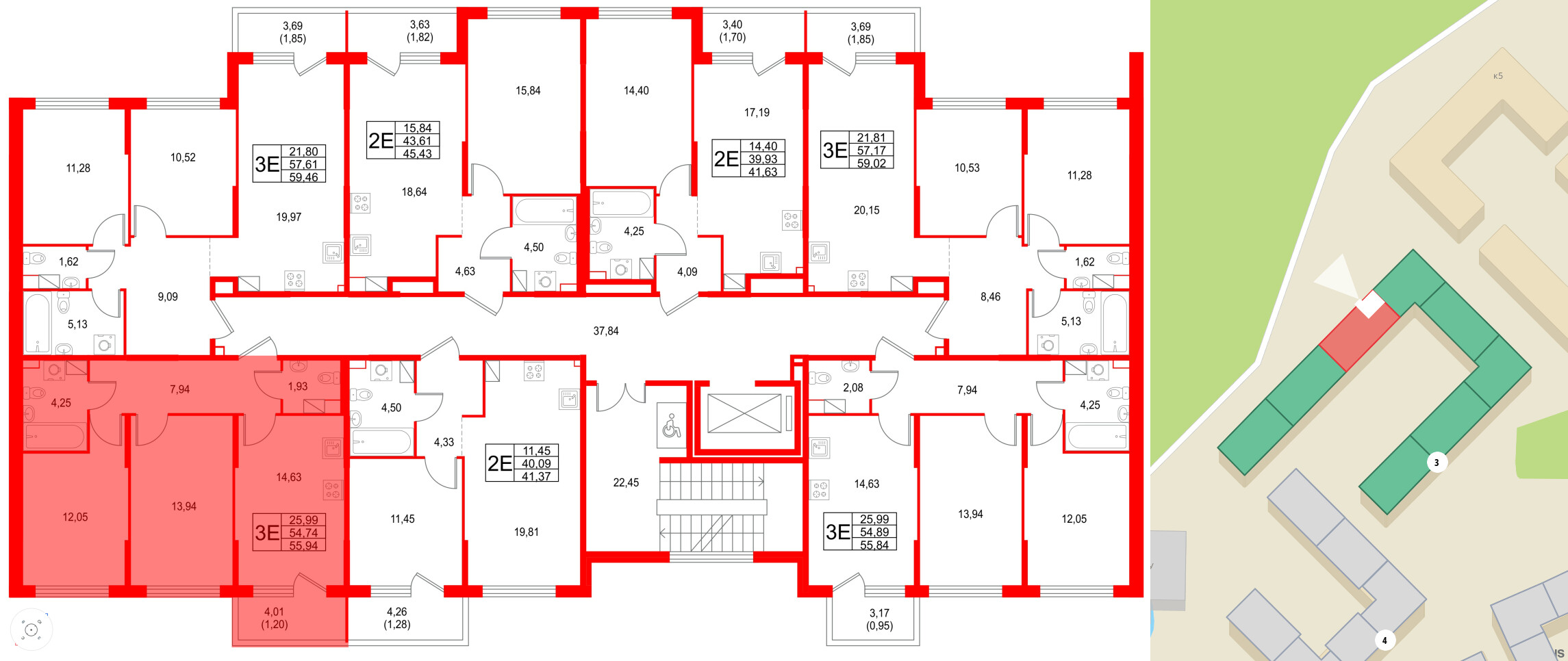 Квартира в ЖК Охтинские высоты, 2 комнатная, 55.94 м², 3 этаж