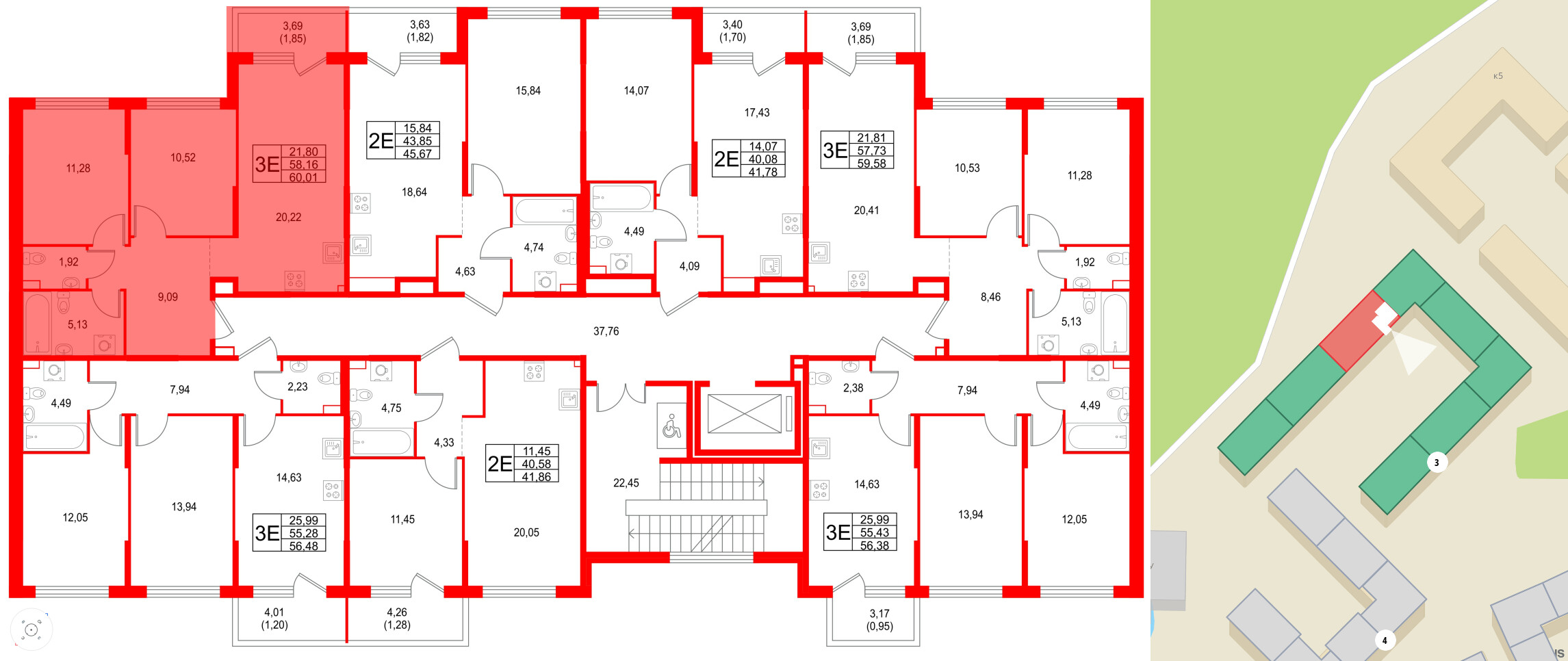 Квартира в ЖК Охтинские высоты, 2 комнатная, 60.01 м², 2 этаж