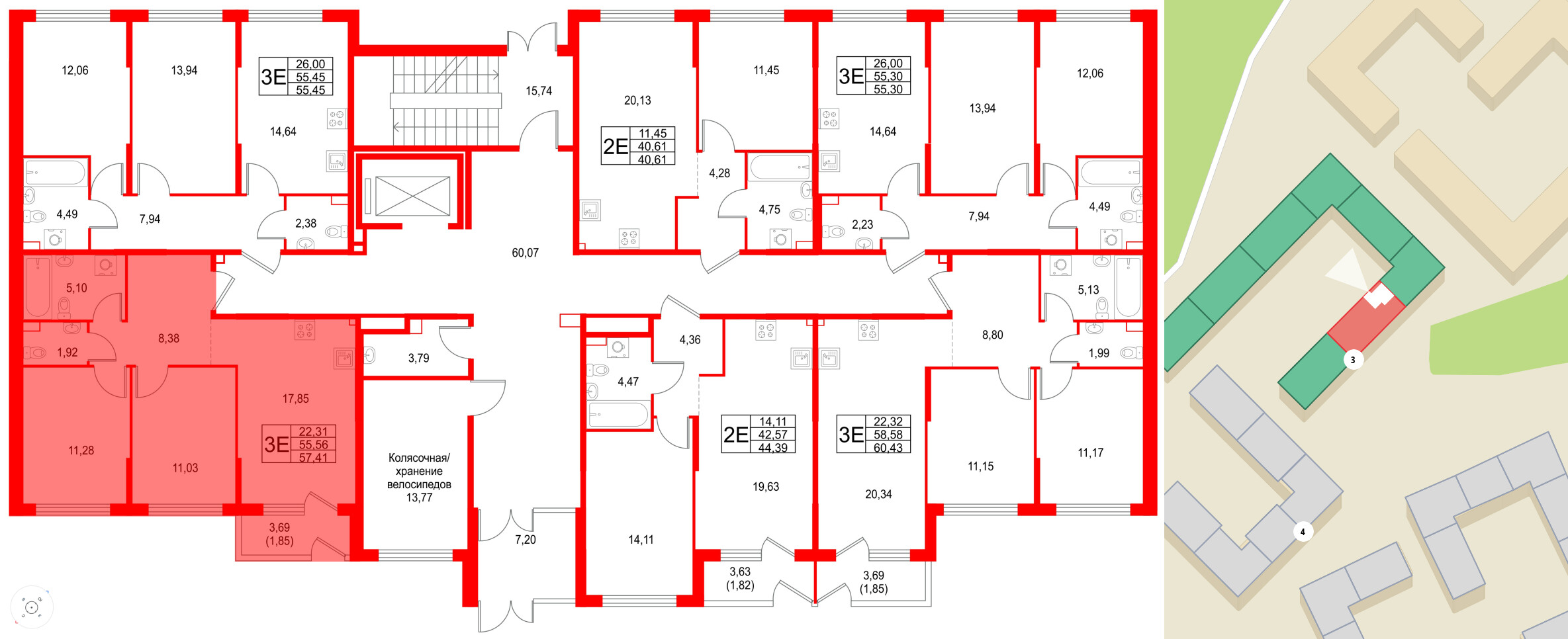Квартира в ЖК Охтинские высоты, 2 комнатная, 57.41 м², 1 этаж