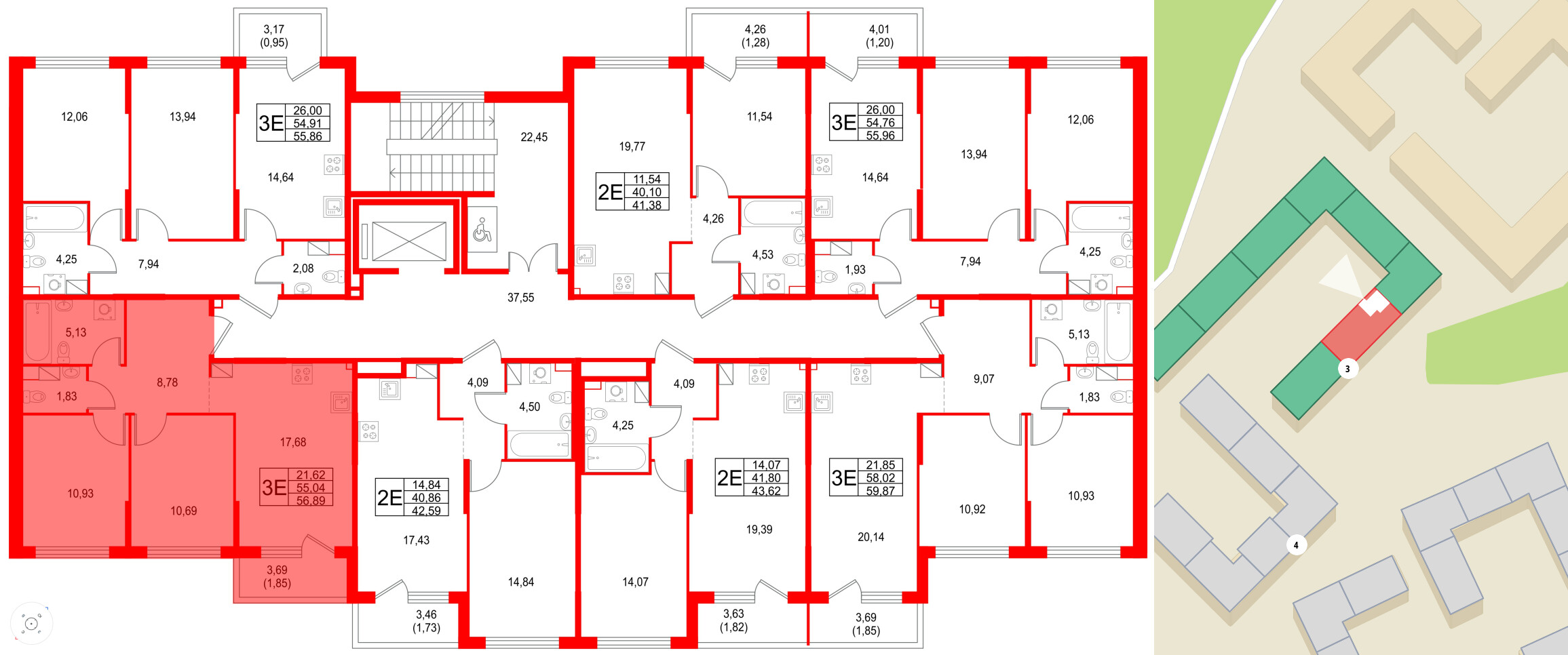 Квартира в ЖК Охтинские высоты, 2 комнатная, 56.89 м², 4 этаж