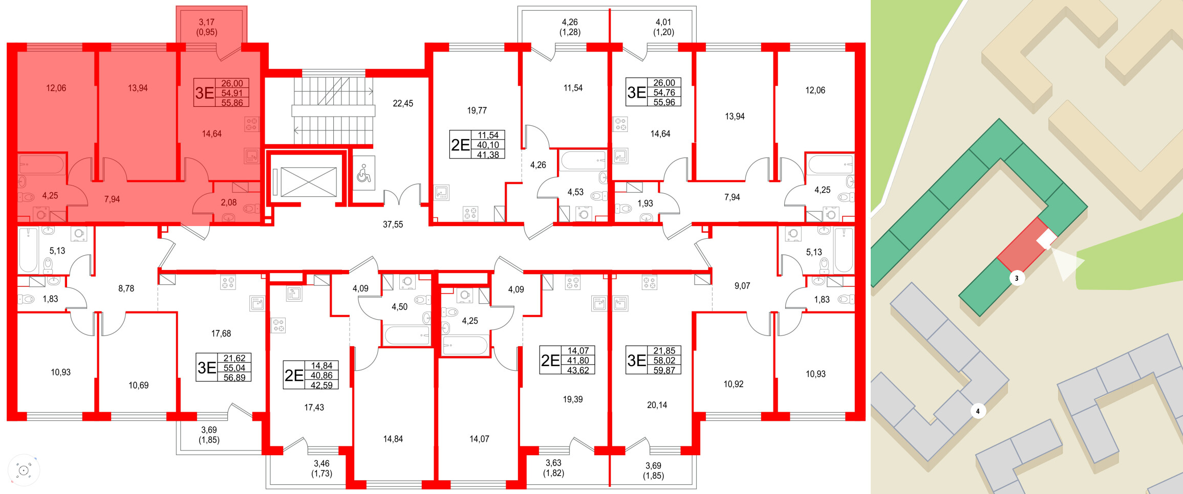 Квартира в ЖК Охтинские высоты, 2 комнатная, 55.86 м², 4 этаж