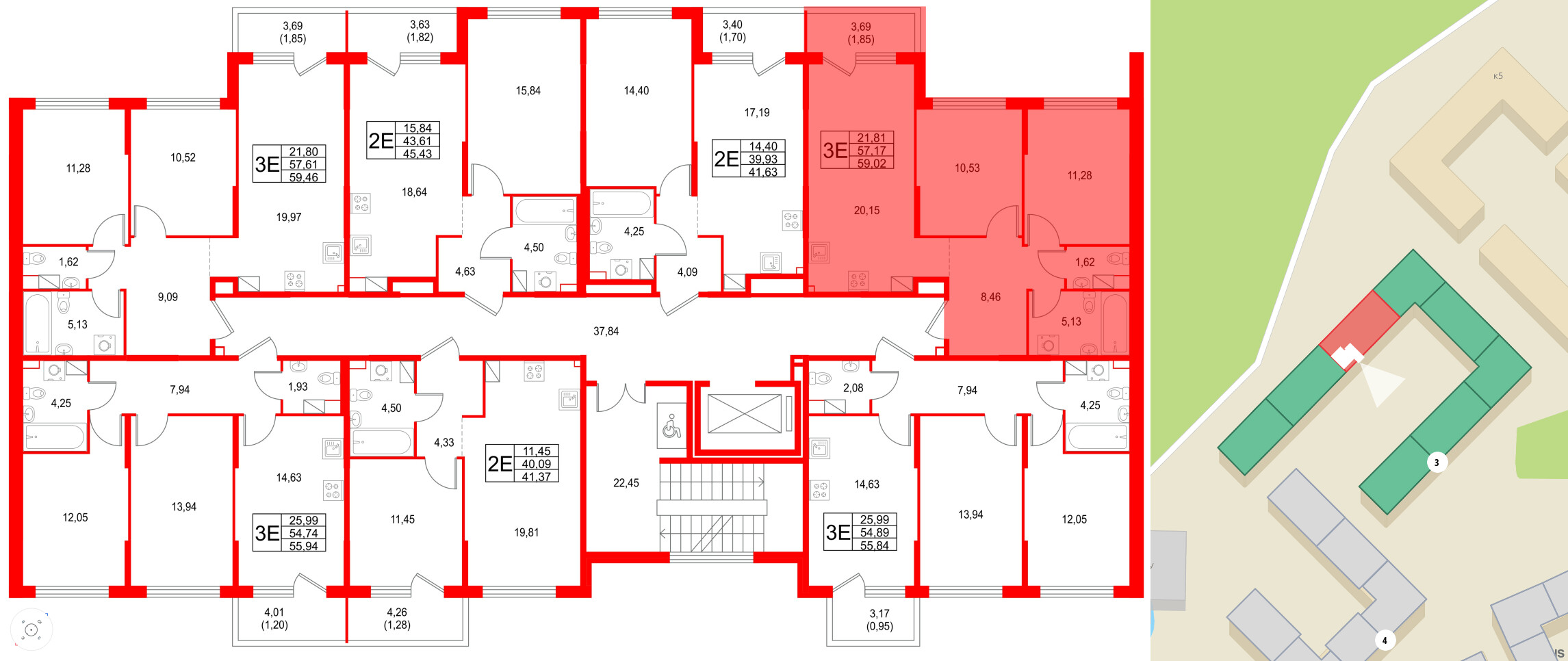 Квартира в ЖК Охтинские высоты, 2 комнатная, 59.03 м², 3 этаж
