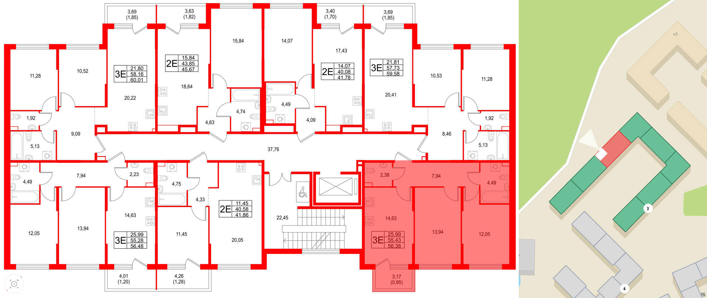 Квартира в ЖК Охтинские высоты, 2 комнатная, 56.38 м², 2 этаж