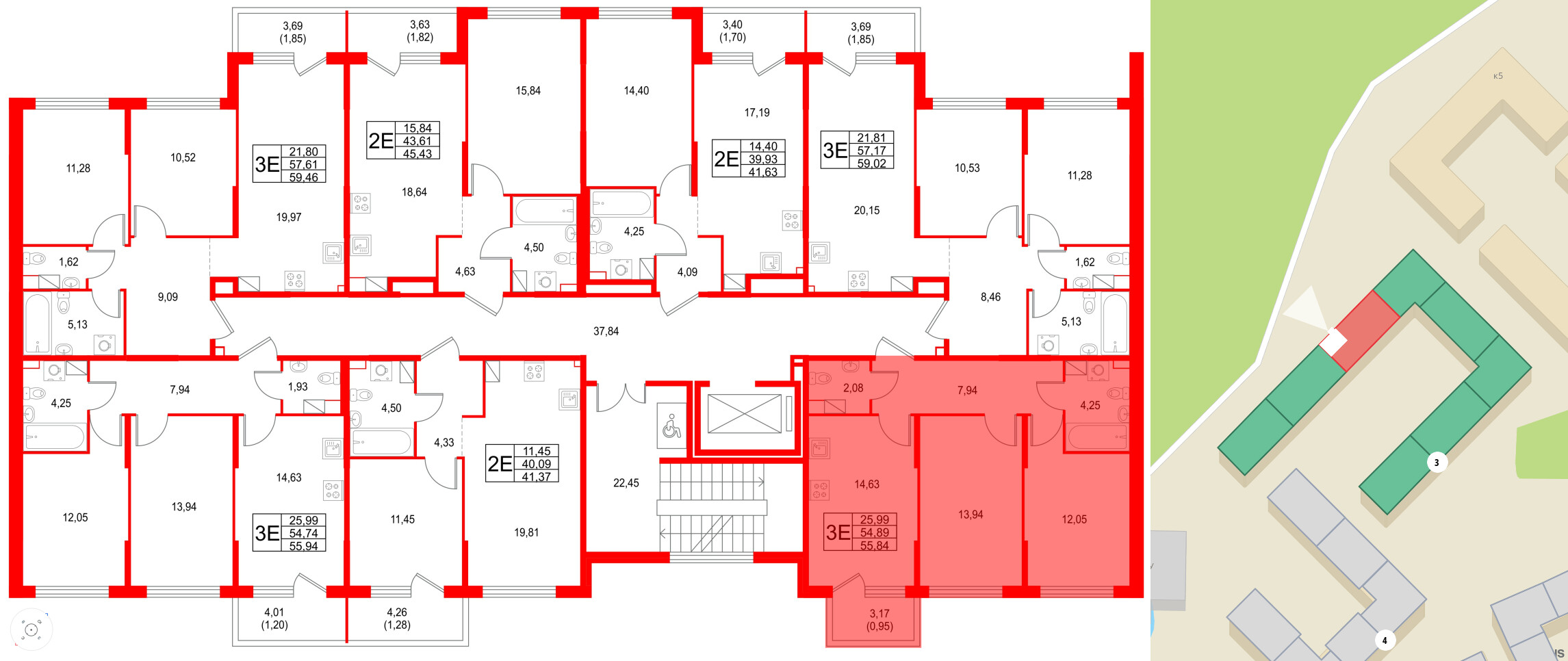 Квартира в ЖК Охтинские высоты, 2 комнатная, 55.84 м², 3 этаж