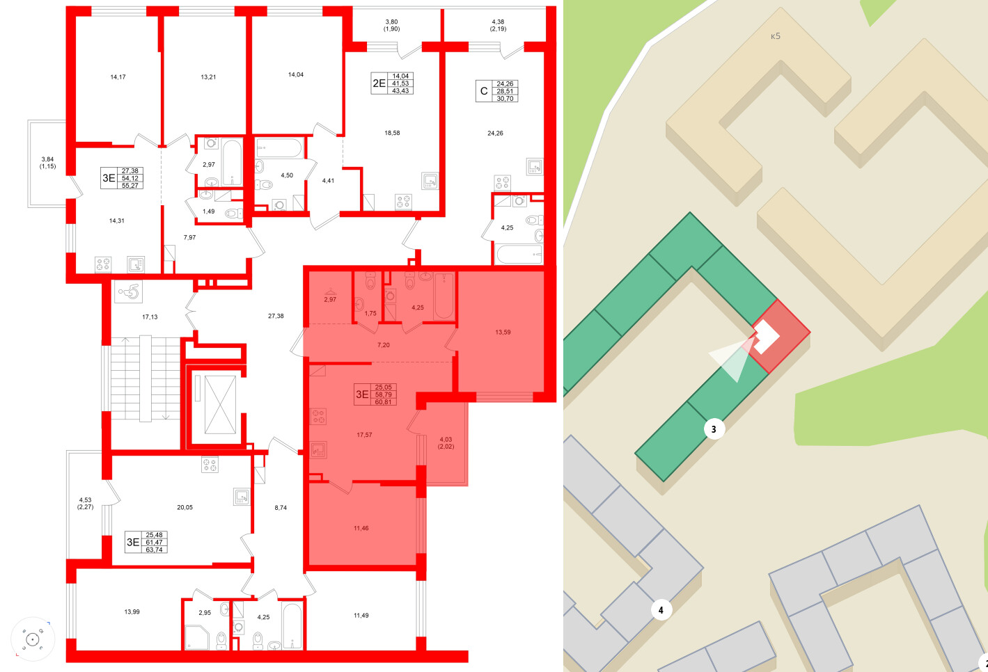 Квартира в ЖК Охтинские высоты, 2 комнатная, 60.81 м², 4 этаж