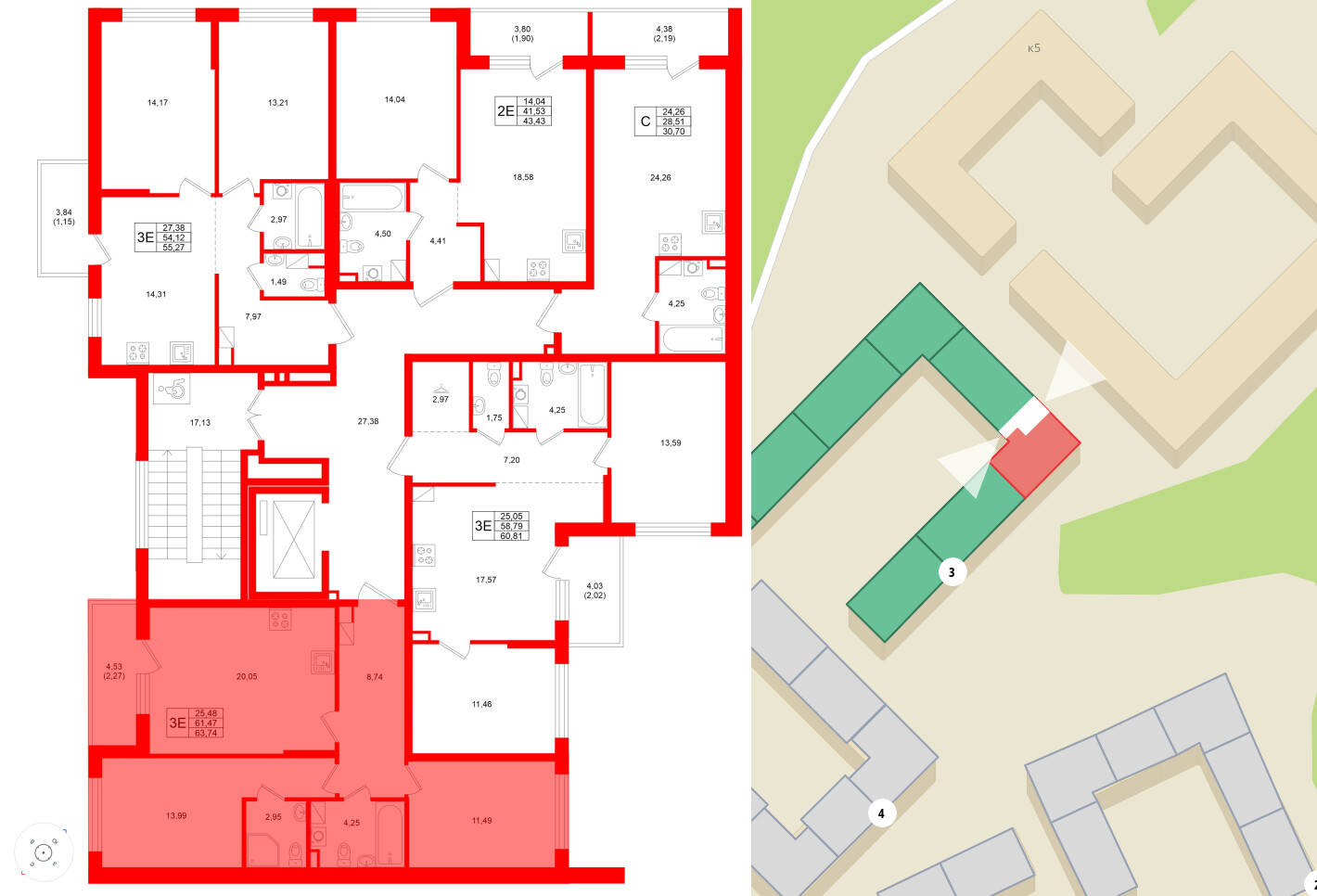 Квартира в ЖК Охтинские высоты, 2 комнатная, 63.74 м², 4 этаж