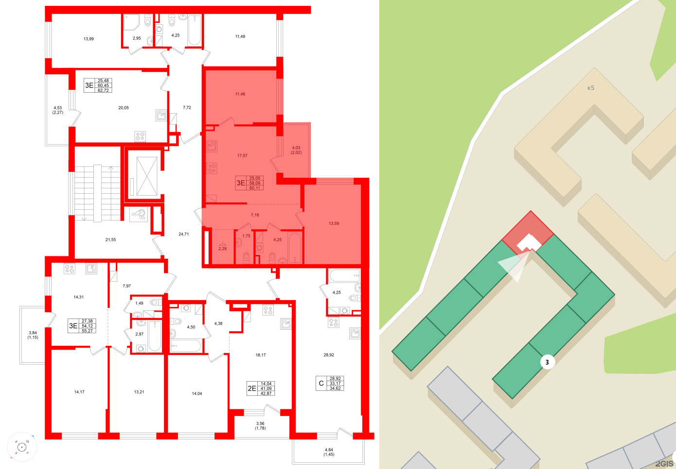 Квартира в ЖК Охтинские высоты, 2 комнатная, 60.11 м², 3 этаж