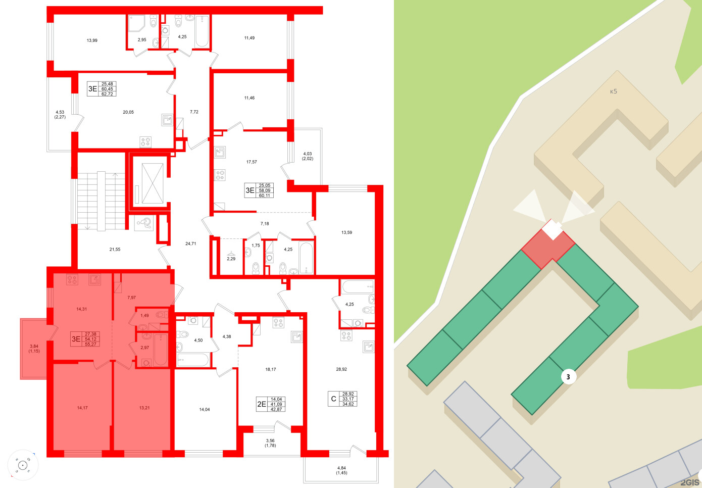 Квартира в ЖК Охтинские высоты, 2 комнатная, 55.27 м², 4 этаж
