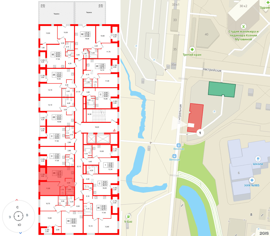 Квартира в ЖК «Лендлер», 1 комнатная, 36.4 м², 3 этаж