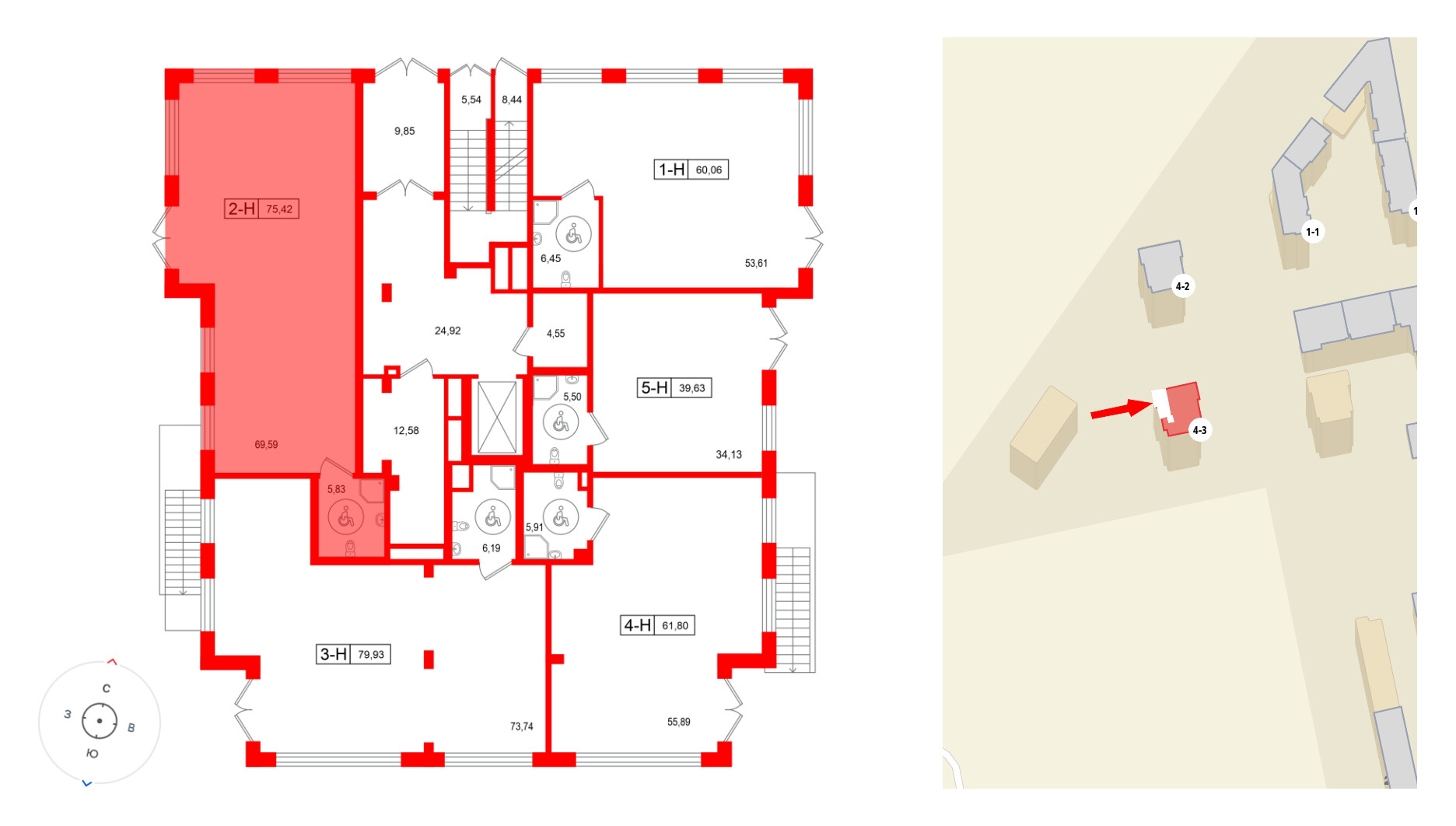 Помещение в ЖК Город спутник Южный., 75.42 м², 1 этаж