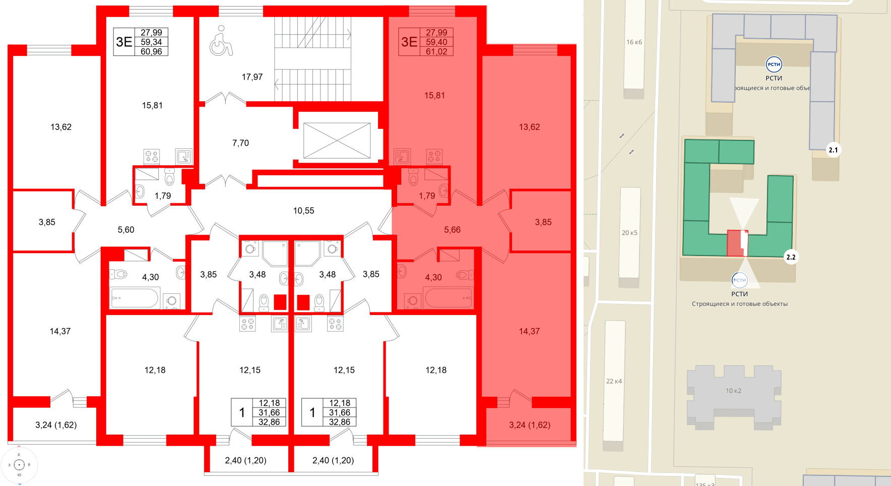 Квартира в ЖК Кинопарк, 2 комнатная, 61.02 м², 9 этаж