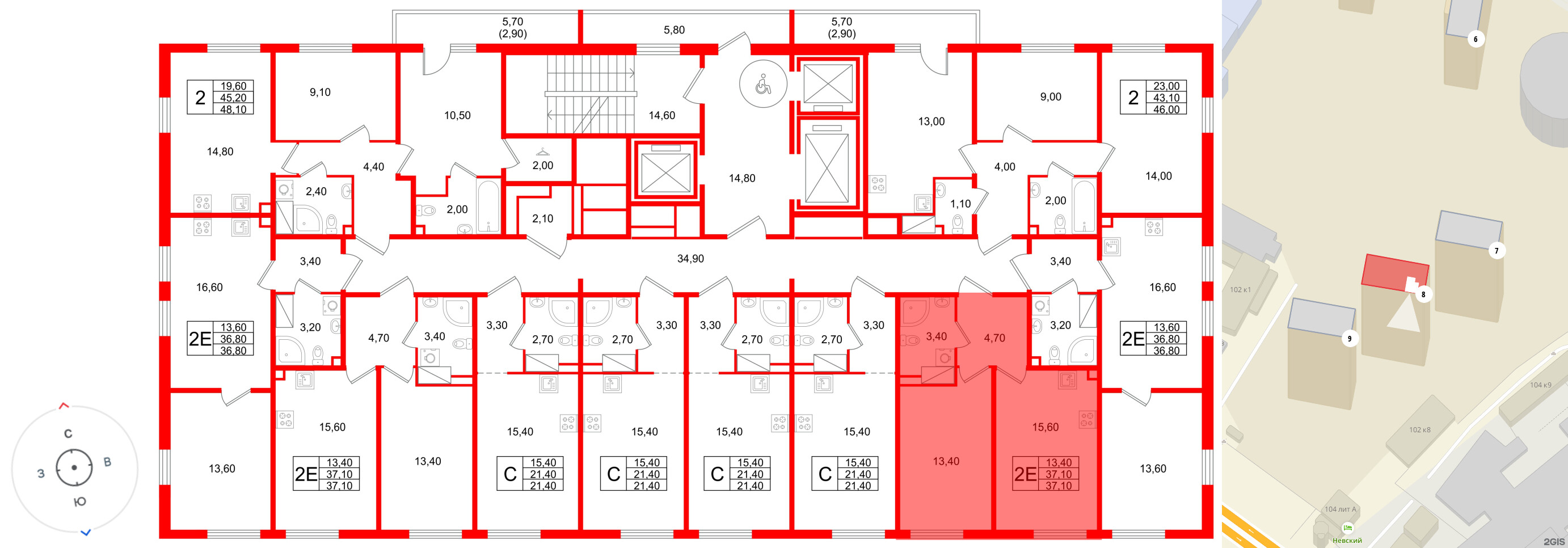 Квартира в ЖК Октябрьская Набережная ЖК, 1 комнатная, 37.1 м², 9 этаж