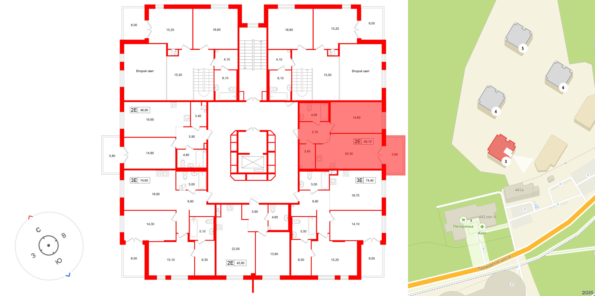 Апартаменты в ЖК «Репин», 1 комнатные, 49.1 м², 2 этаж