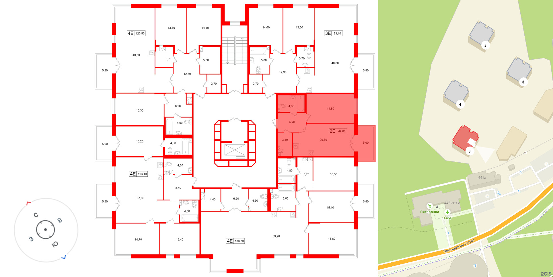 Апартаменты в ЖК «Репин», 1 комнатные, 49 м², 3 этаж