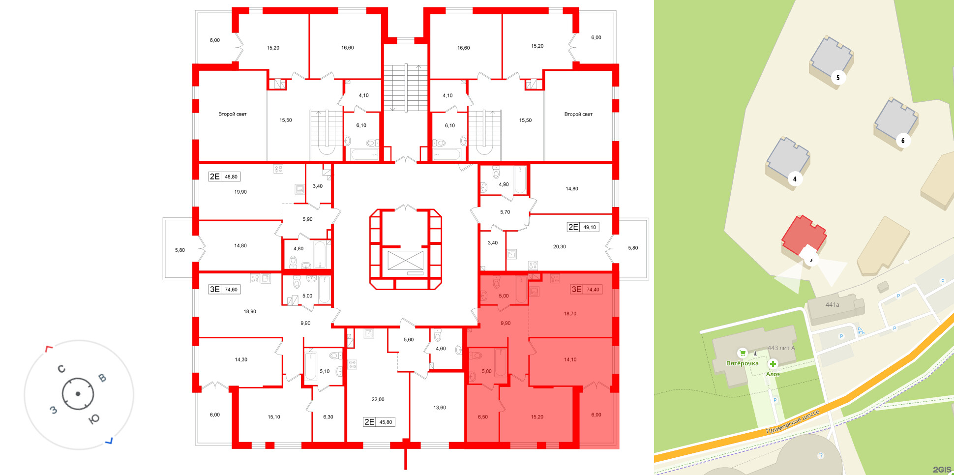 Апартаменты в ЖК «Репин», 2 комнатные, 74.4 м², 2 этаж