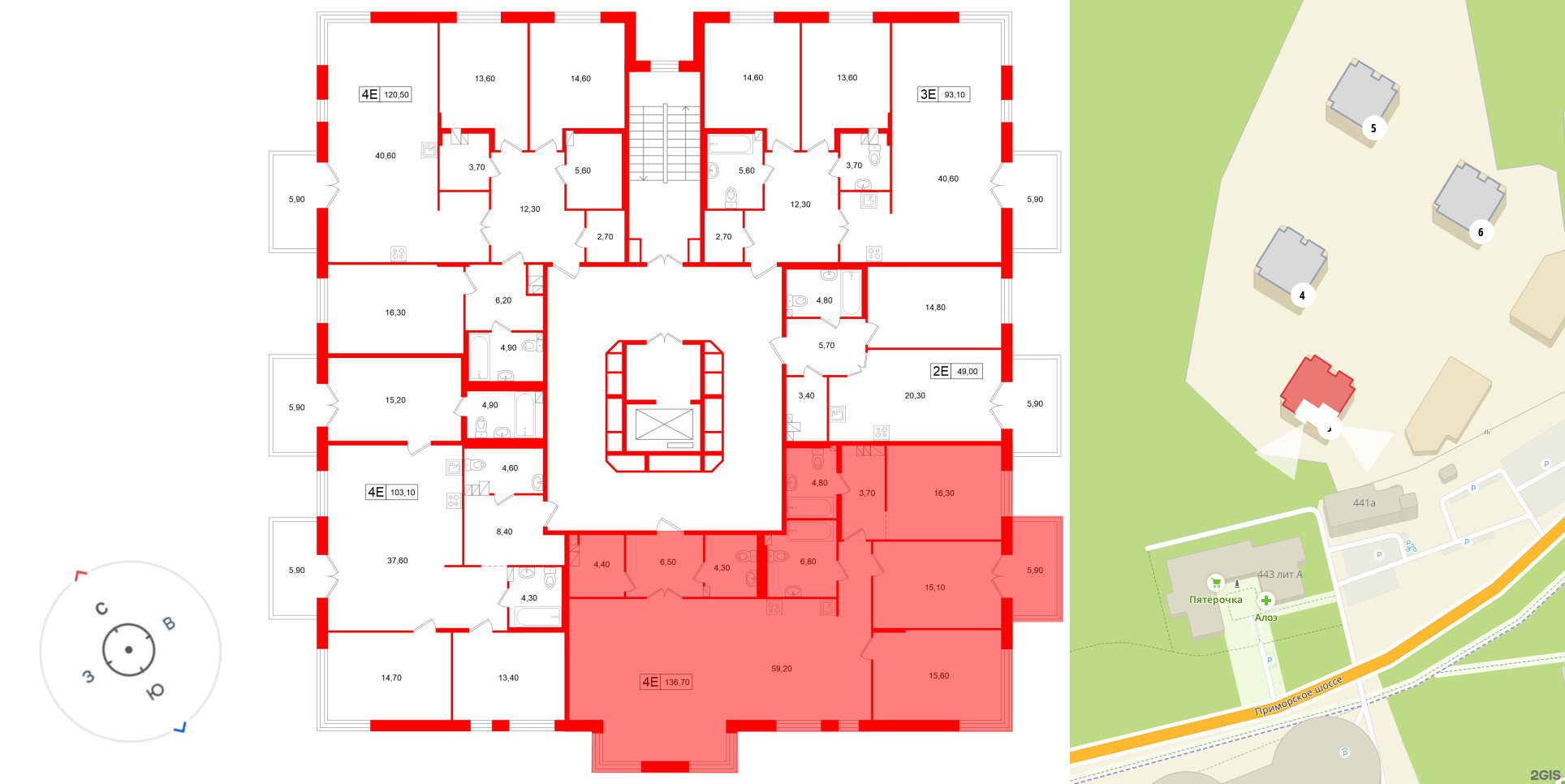 Апартаменты в ЖК «Репин», 3 комнатные, 136.7 м², 3 этаж