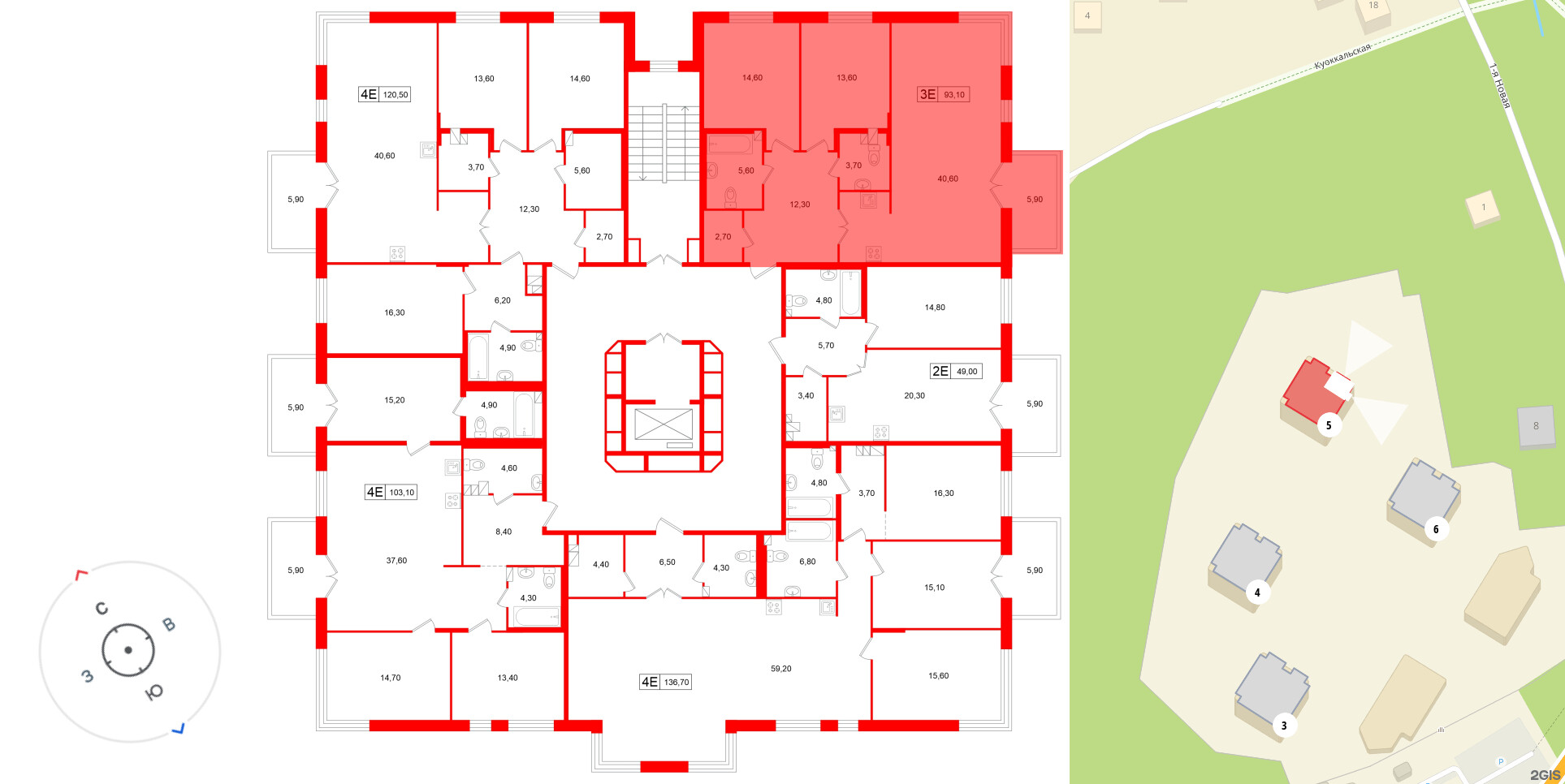 Апартаменты в ЖК «Репин», 2 комнатные, 93.1 м², 3 этаж