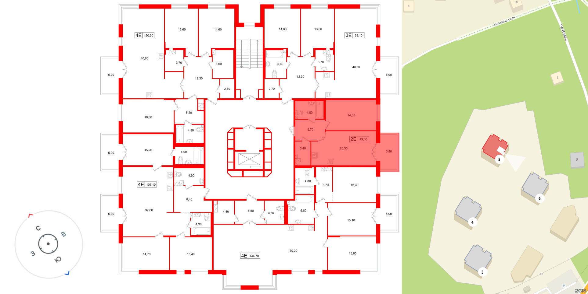 Апартаменты в ЖК «Репин», 1 комнатные, 49 м², 3 этаж