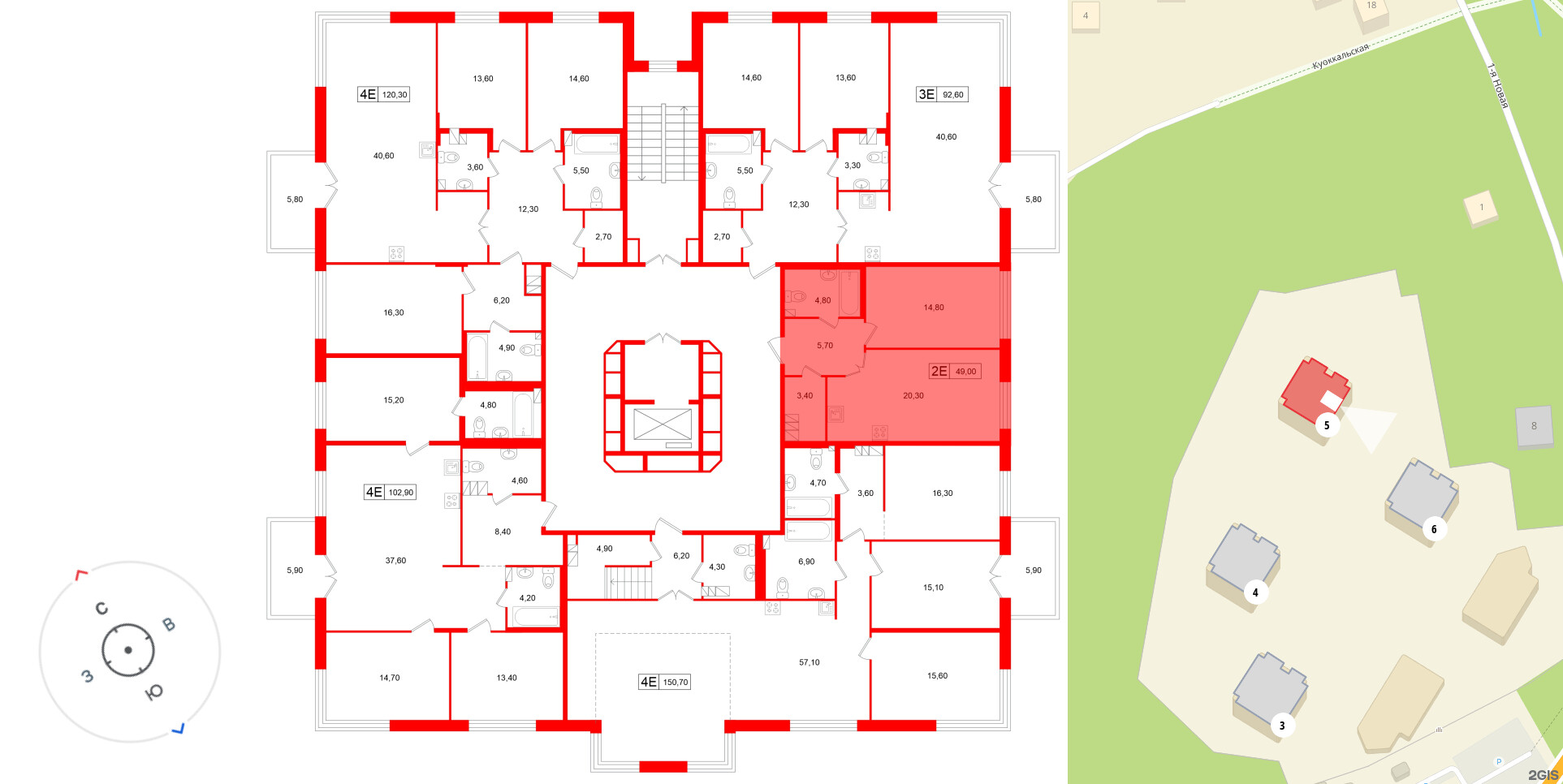 Апартаменты в ЖК «Репин», 1 комнатные, 49 м², 4 этаж