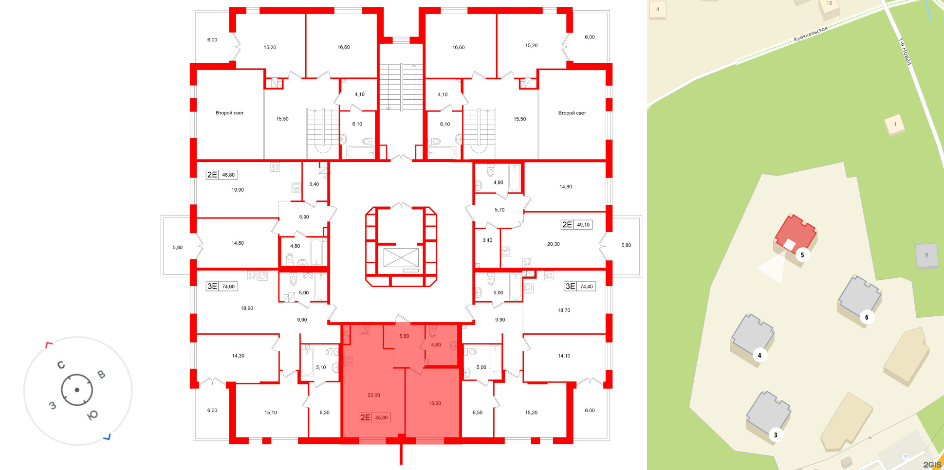 Апартаменты в ЖК «Репин», 1 комнатные, 45.8 м², 2 этаж