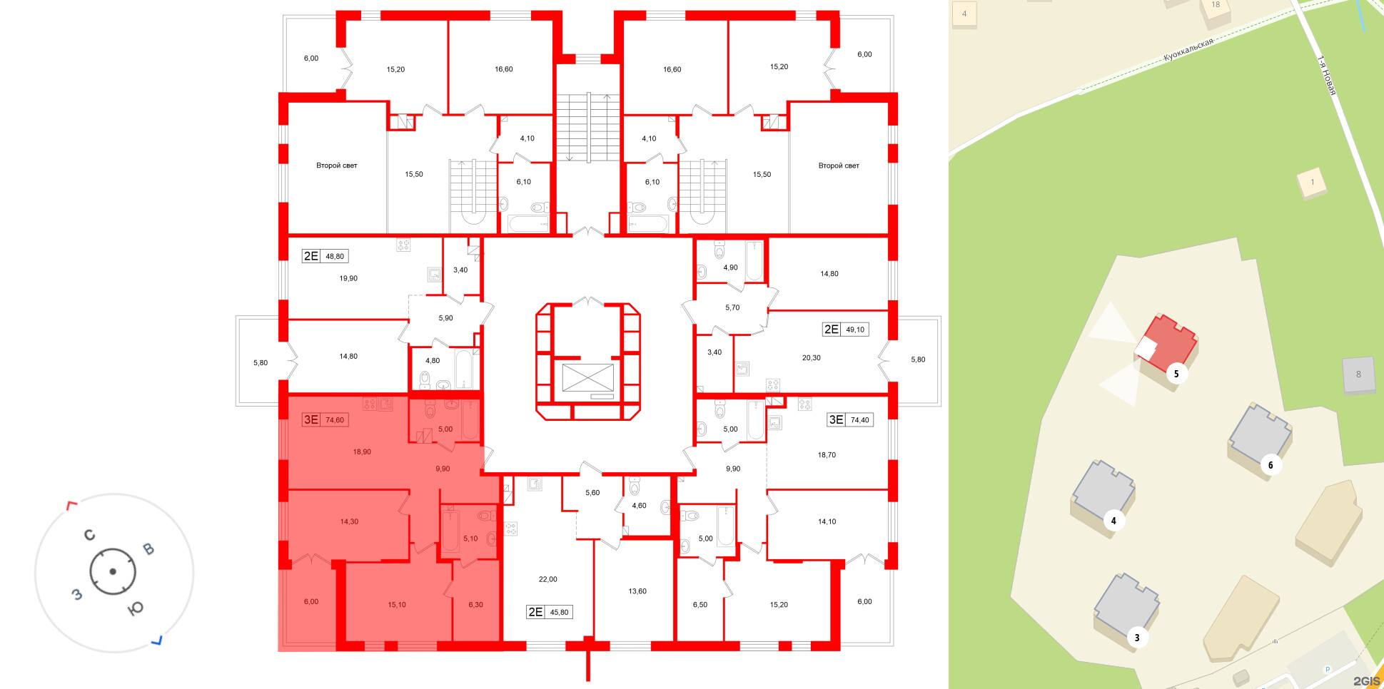 Апартаменты в ЖК «Репин», 2 комнатные, 74.6 м², 2 этаж