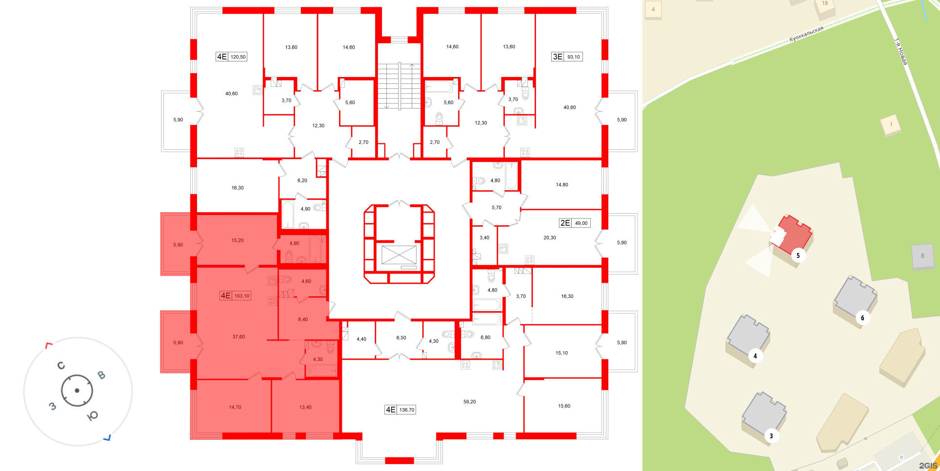 Апартаменты в ЖК «Репин», 3 комнатные, 103.1 м², 3 этаж
