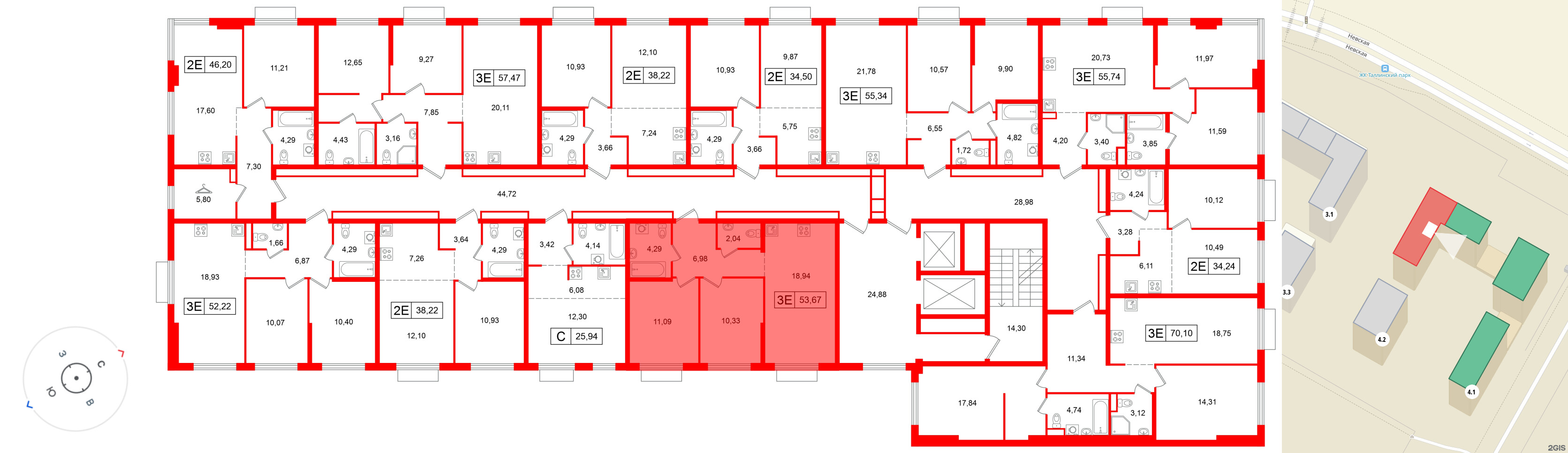 Квартира в ЖК «Таллинский парк», 2 комнатная, 53.67 м², 2 этаж