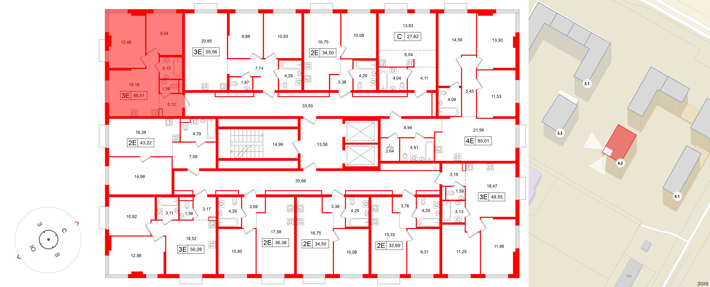 Квартира в ЖК «Таллинский парк», 2 комнатная, 46.01 м², 7 этаж