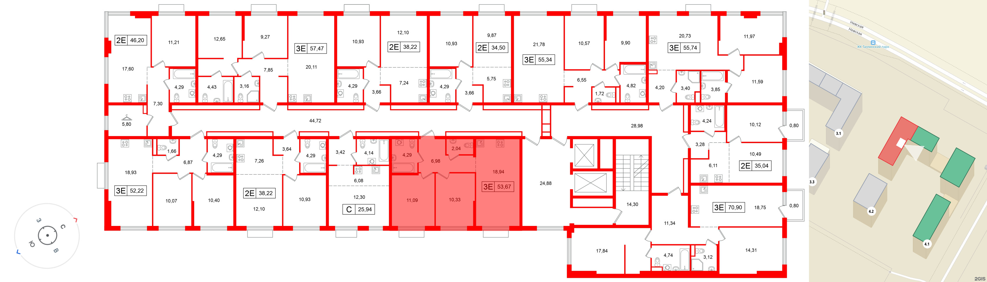 Квартира в ЖК «Таллинский парк», 2 комнатная, 53.67 м², 4 этаж