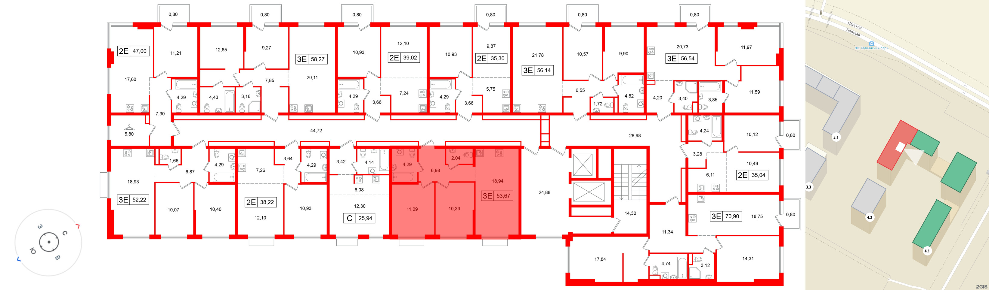 Квартира в ЖК «Таллинский парк», 2 комнатная, 53.67 м², 8 этаж