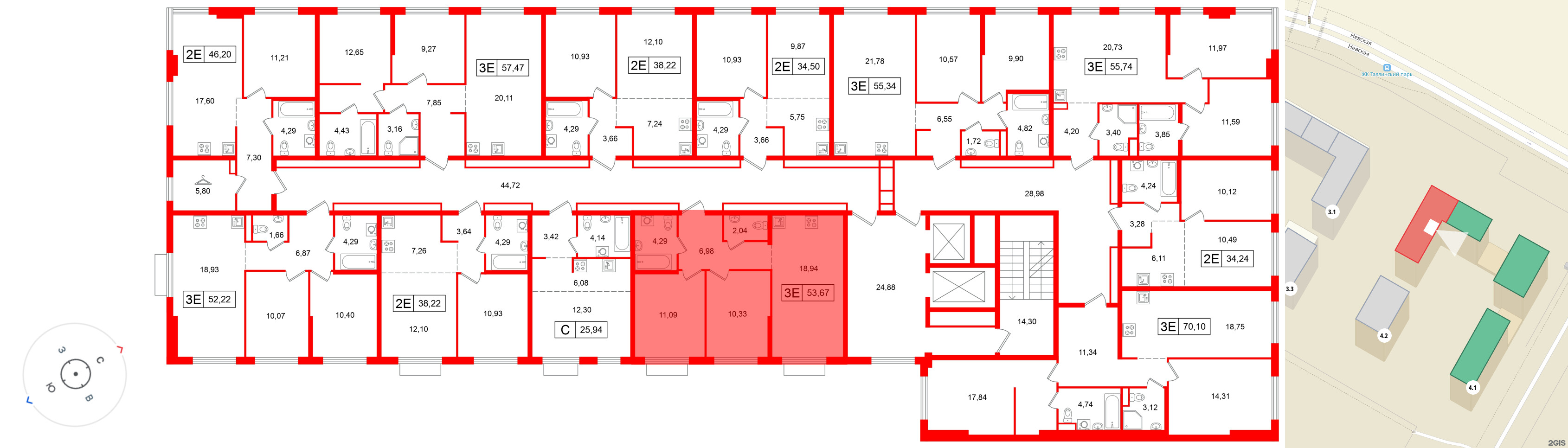 Квартира в ЖК «Таллинский парк», 2 комнатная, 53.67 м², 11 этаж