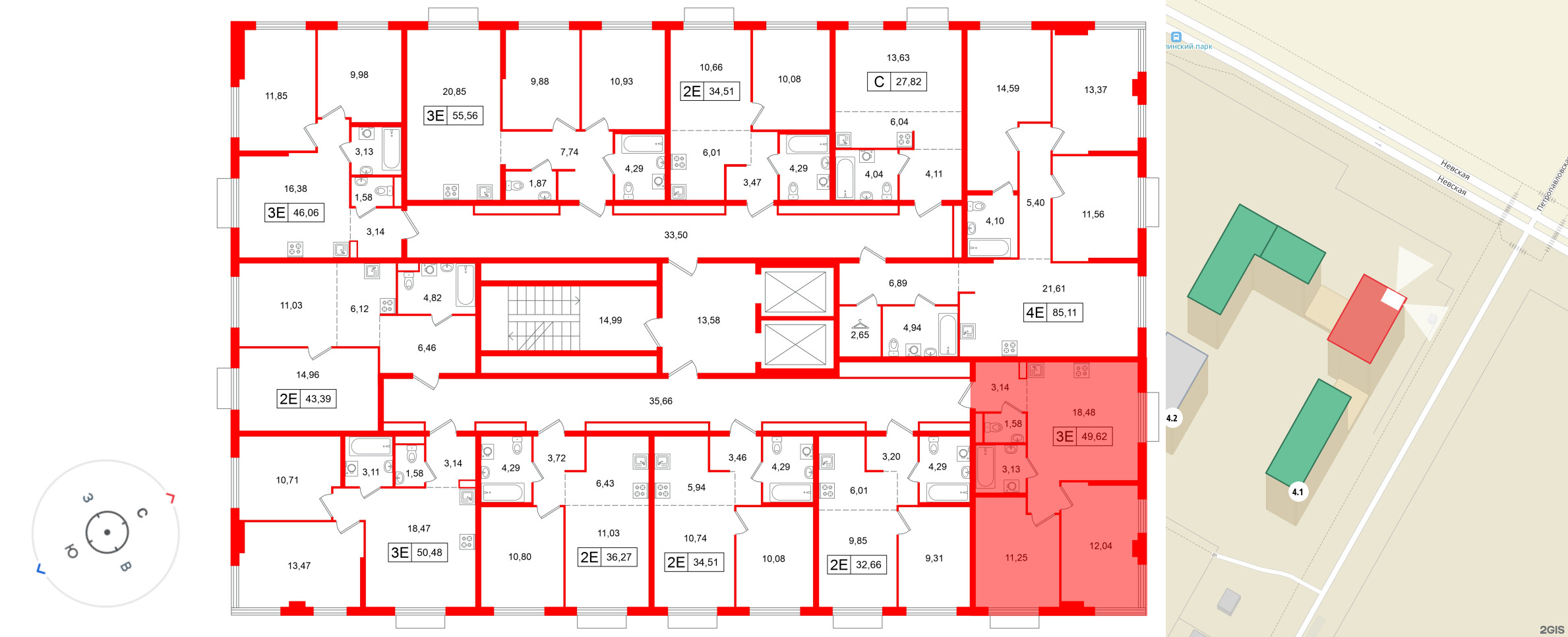 Квартира в ЖК «Таллинский парк», 2 комнатная, 49.62 м², 2 этаж