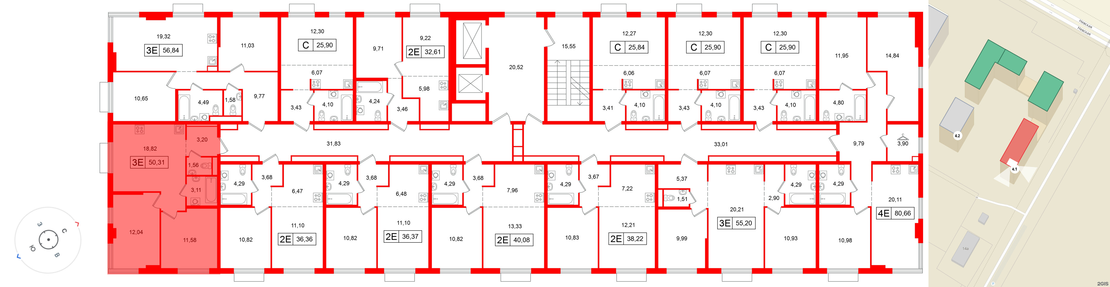 Квартира в ЖК Таллинский парк, 2 комнатная, 50.31 м², 2 этаж