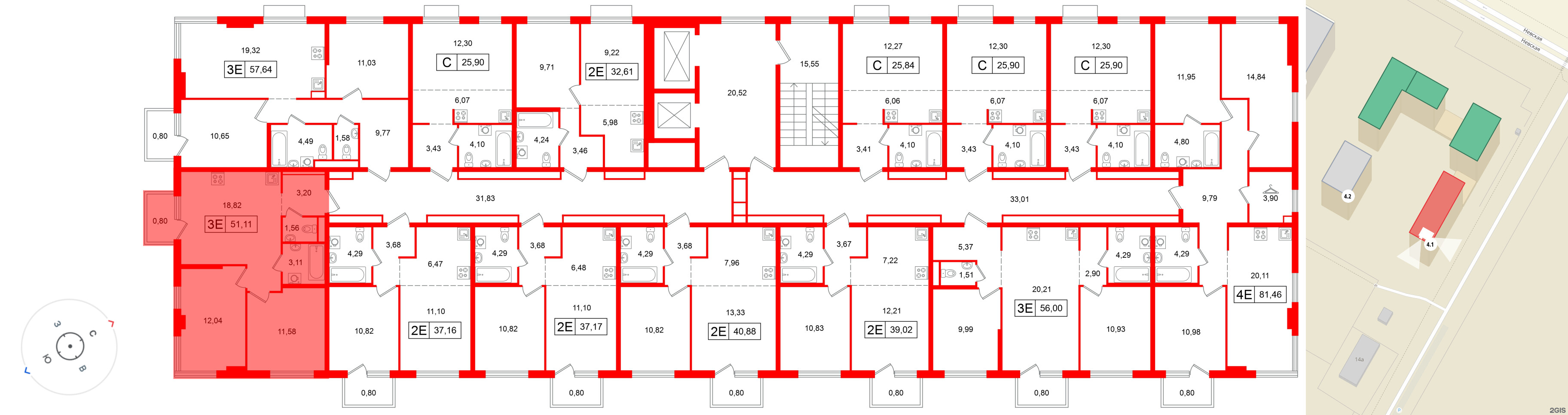 Квартира в ЖК Таллинский парк, 2 комнатная, 51.11 м², 4 этаж