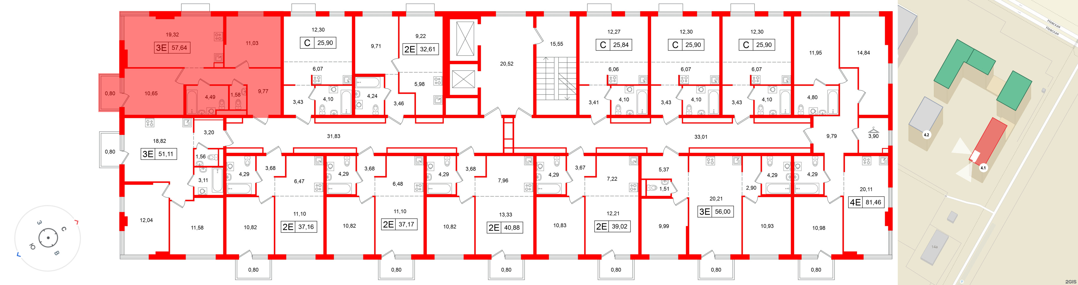 Квартира в ЖК «Таллинский парк», 2 комнатная, 57.64 м², 9 этаж