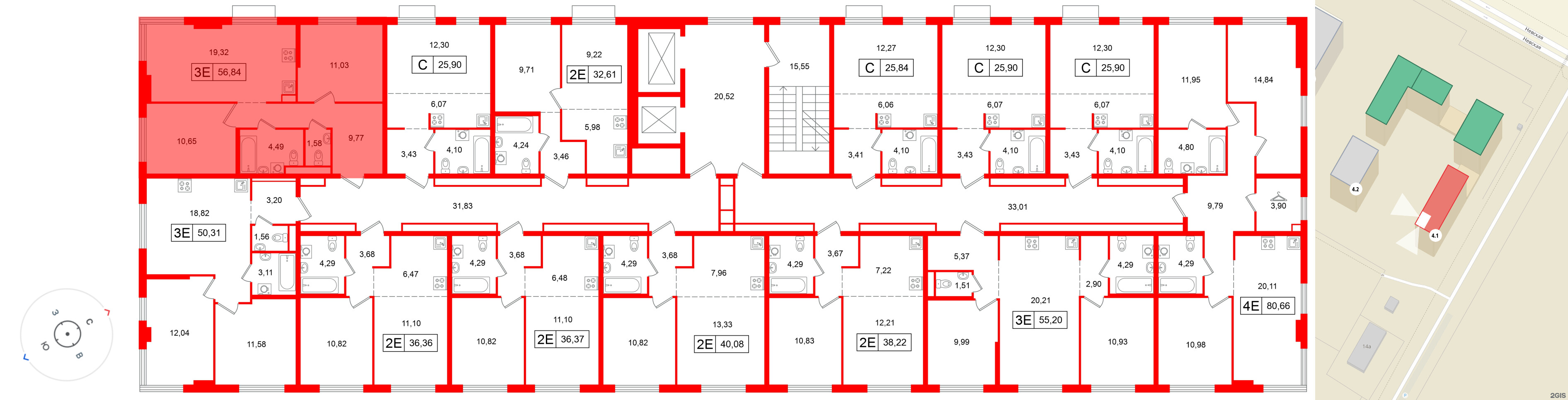 Квартира в ЖК «Таллинский парк», 2 комнатная, 56.84 м², 11 этаж