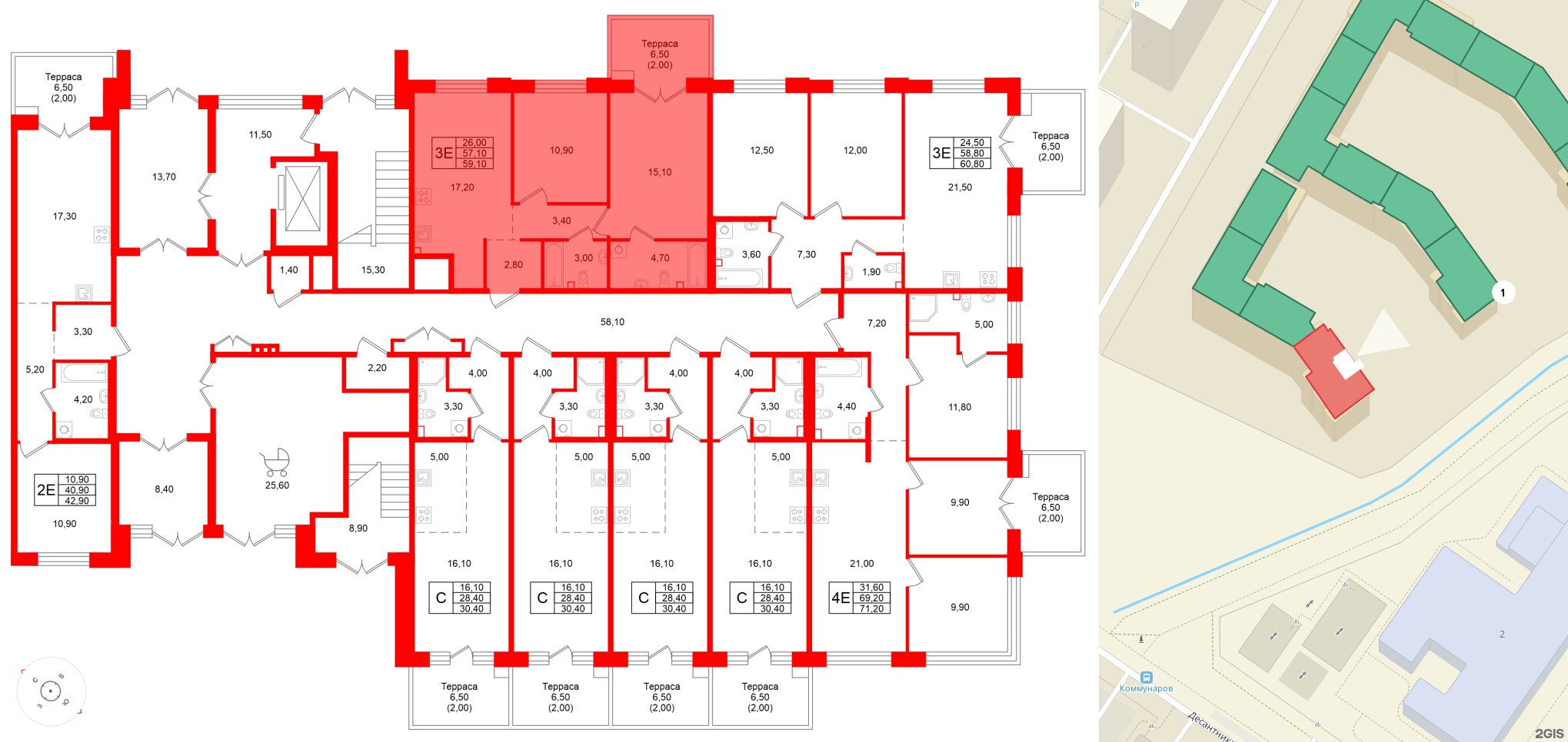 Квартира в ЖК Кронунг Юг, 2 комнатная, 59.1 м², 1 этаж