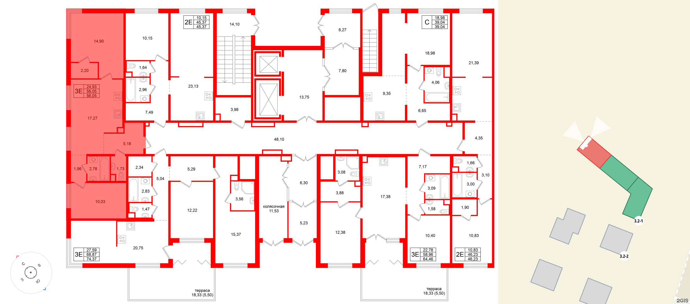 Квартира в ЖК Тишин, 2 комнатная, 56.05 м², 1 этаж