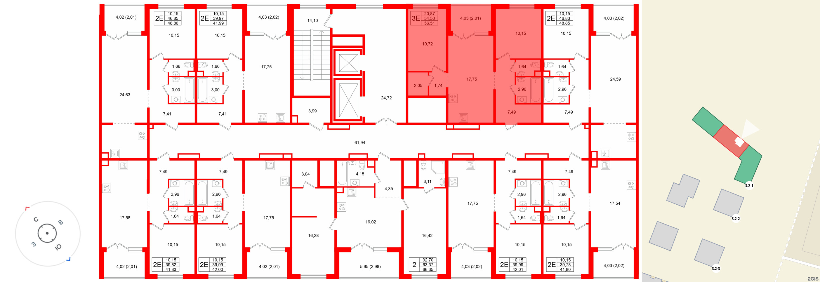 Квартира в ЖК Тишин, 2 комнатная, 56.51 м², 3 этаж