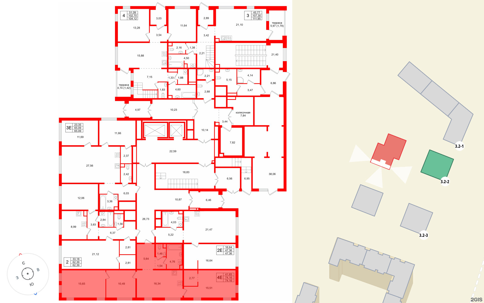 Квартира в ЖК Тишин, 3 комнатная, 74.16 м², 1 этаж