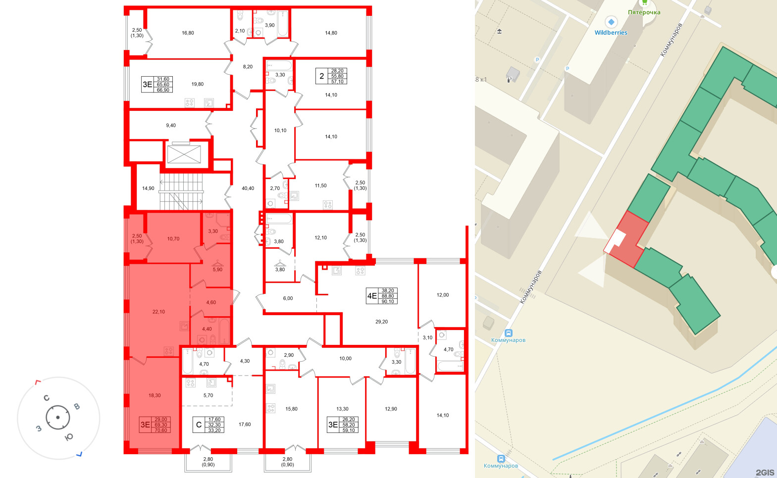 Квартира в ЖК Кронунг Юг, 2 комнатная, 70.6 м², 2 этаж
