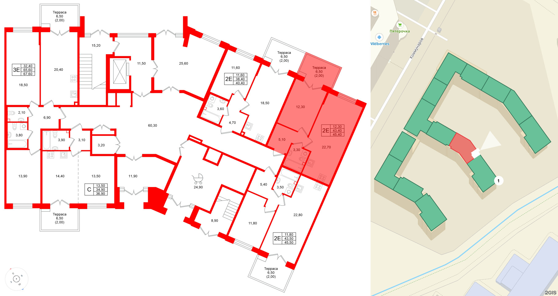Квартира в ЖК Кронунг Юг, 1 комнатная, 45.4 м², 1 этаж