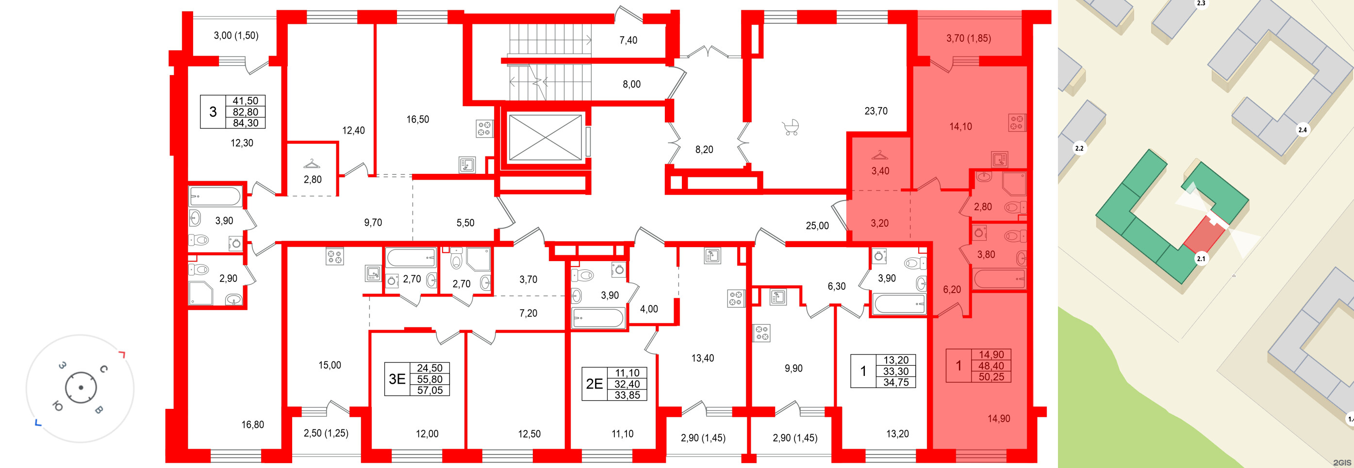 Квартира в ЖК Лисино, 1 комнатная, 52.1 м², 1 этаж