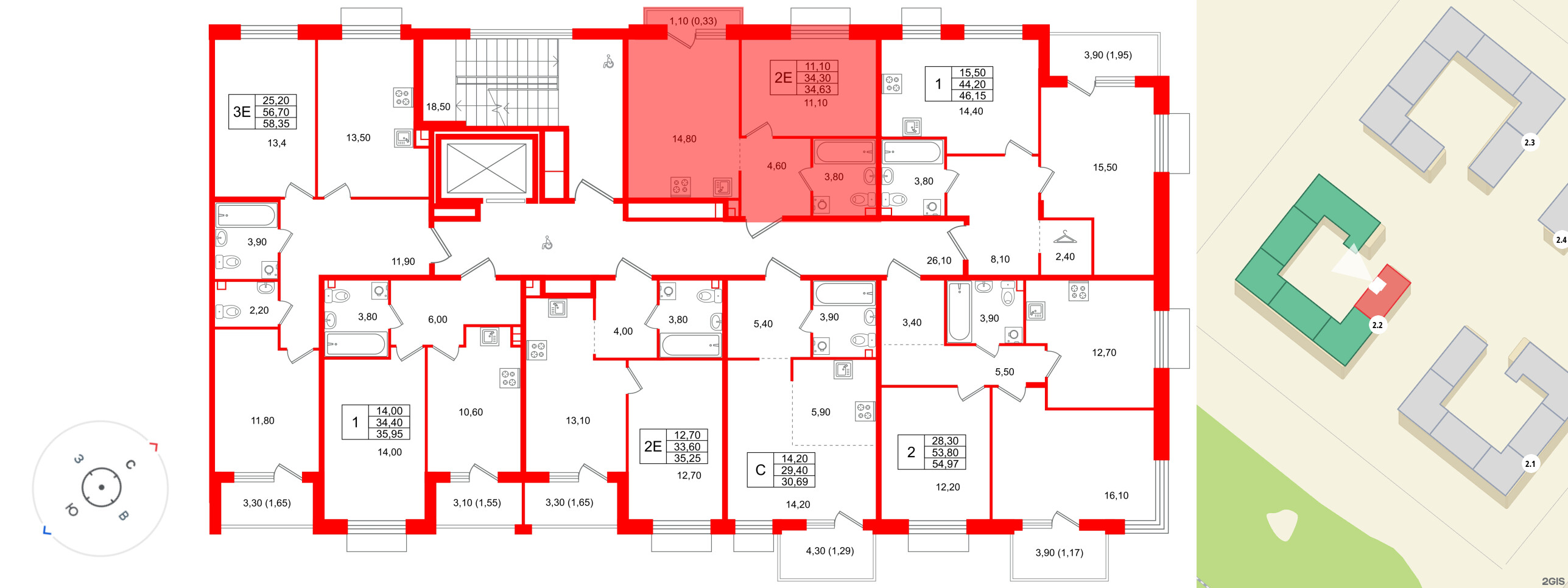 Квартира в ЖК Лисино, 1 комнатная, 35.4 м², 3 этаж