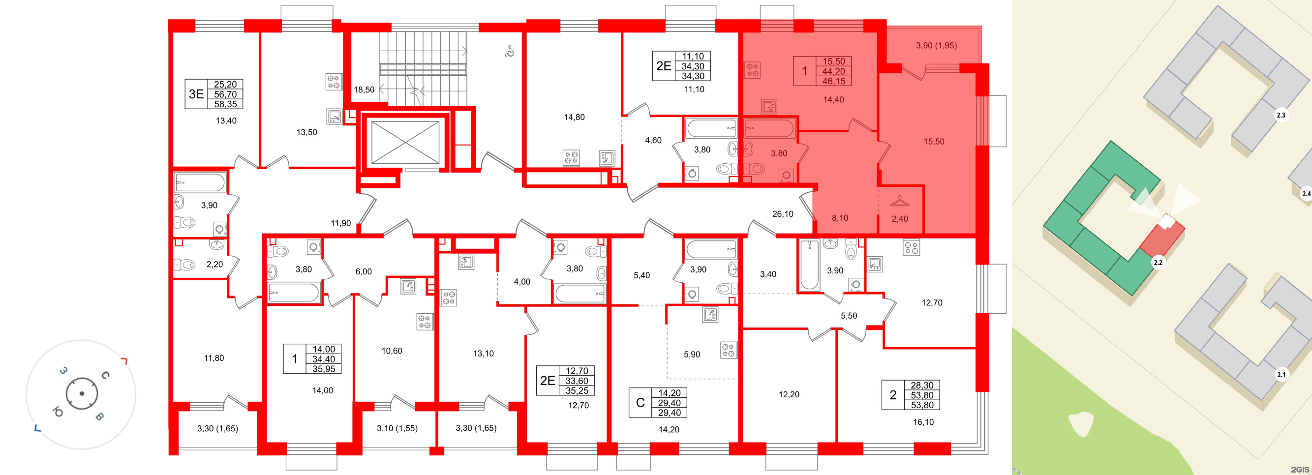 Квартира в ЖК Лисино, 1 комнатная, 48.1 м², 2 этаж